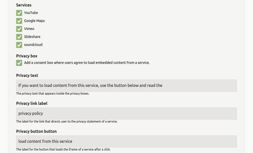 screenshot of the privacy settings of the embed plugin
