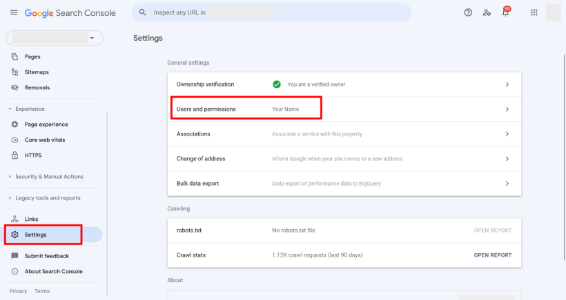 Screenshot of the settings area in the google search console