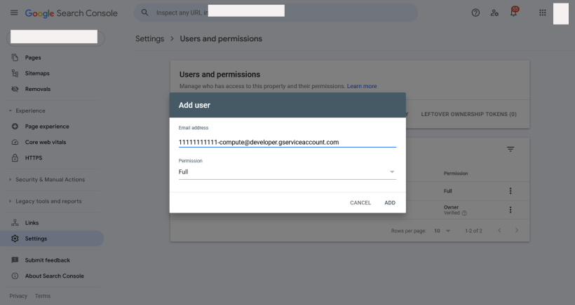 Screenshot of the user management in the google search console