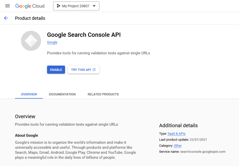 Screenshot: Add the Google Search Console API to your project