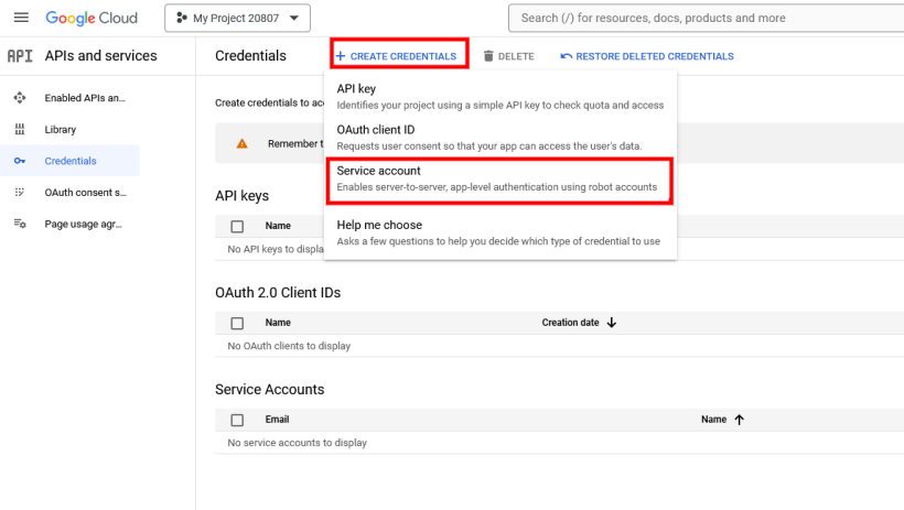 Screenshot: Create a service account in credentials