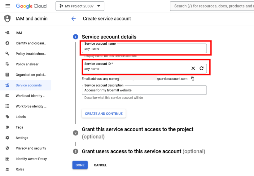 Screenshot: Fill out the form to create a service account
