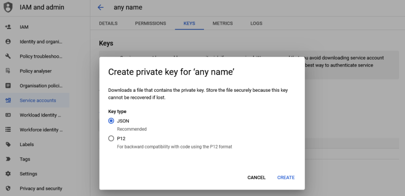 Screenshot: Create a key in json-format for the service account